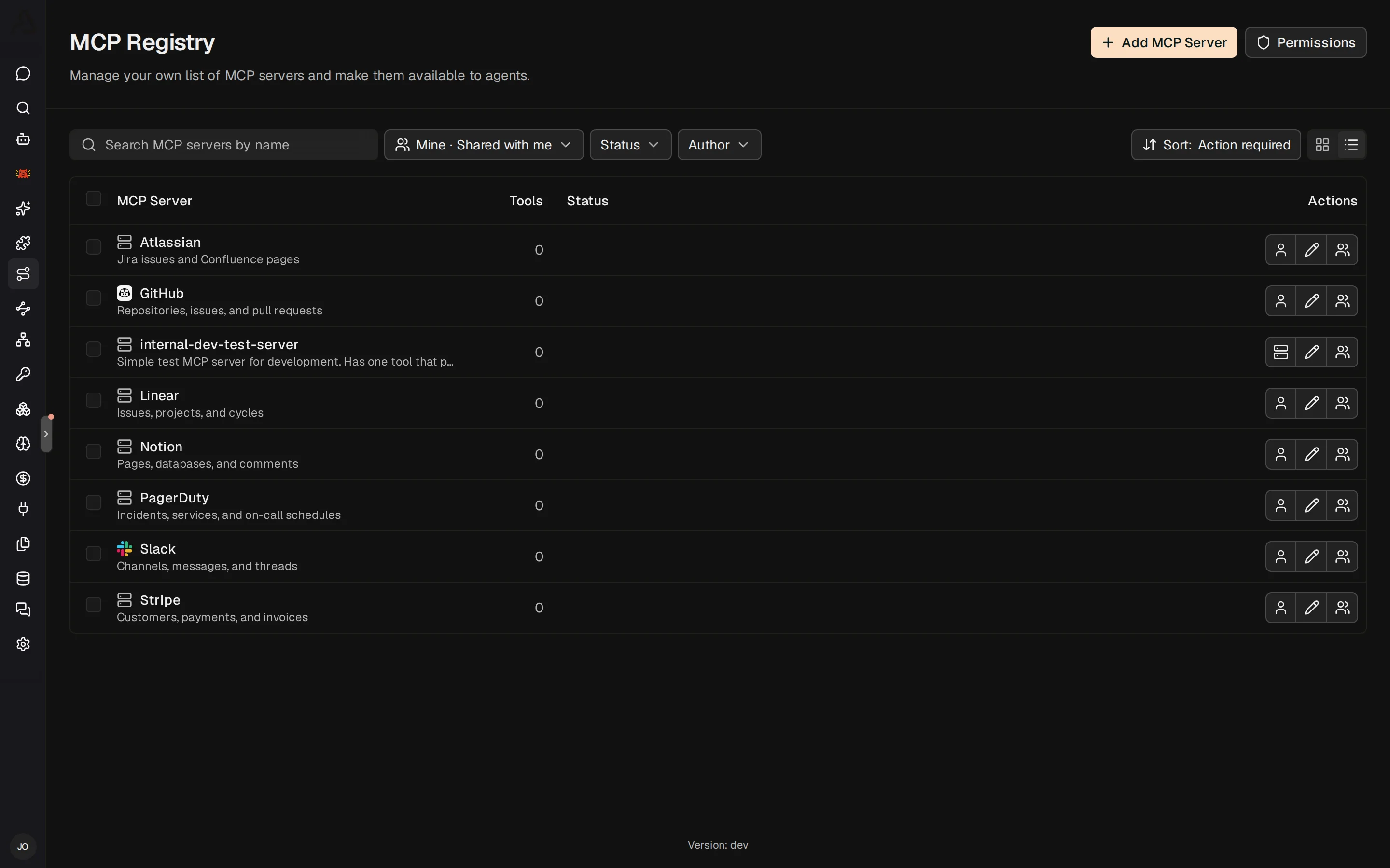 The MCP Registry listing servers and their connection status