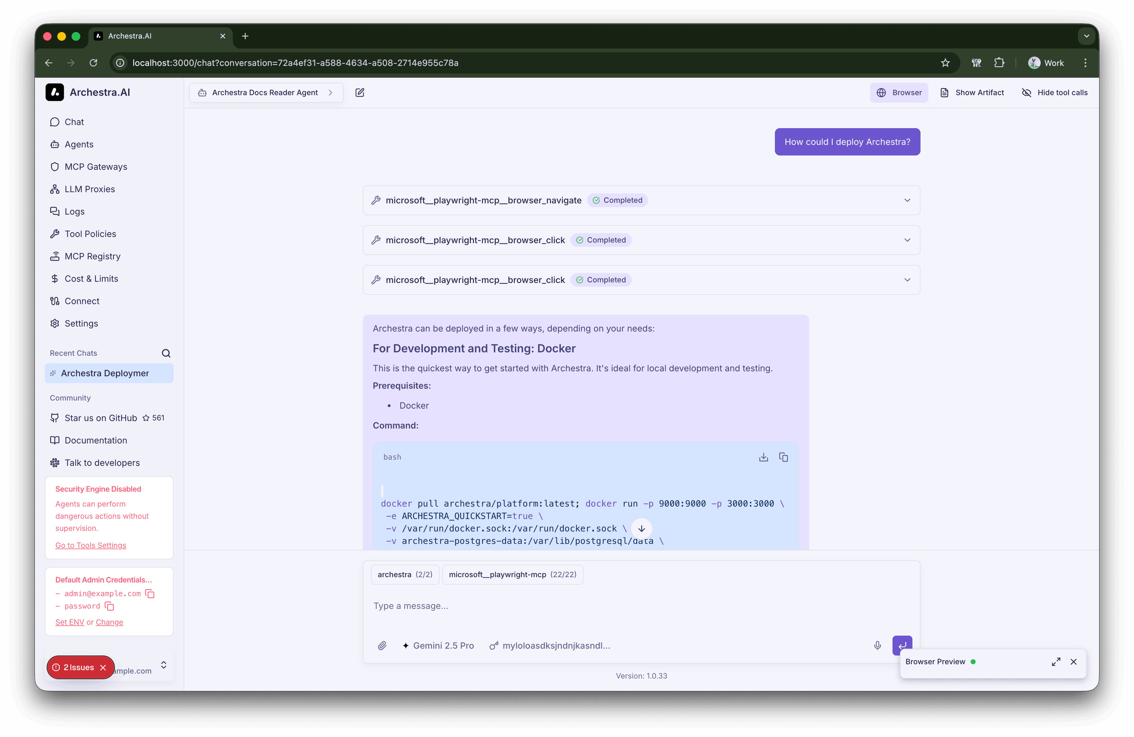 Archestra Chat UI calling the agent
